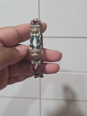 Vintage-Inspired Gold Tone Bracelet with Pink and Green Stones